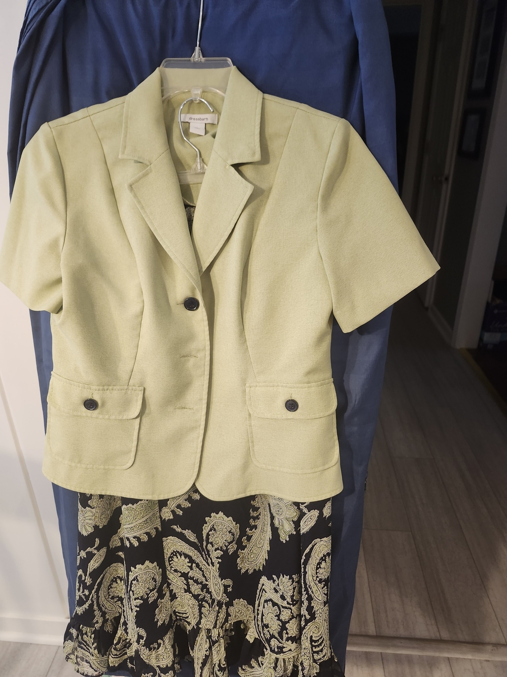 Petite Short-Sleeve Blazer Jacket - Light Green With Cordinated Print Skirt